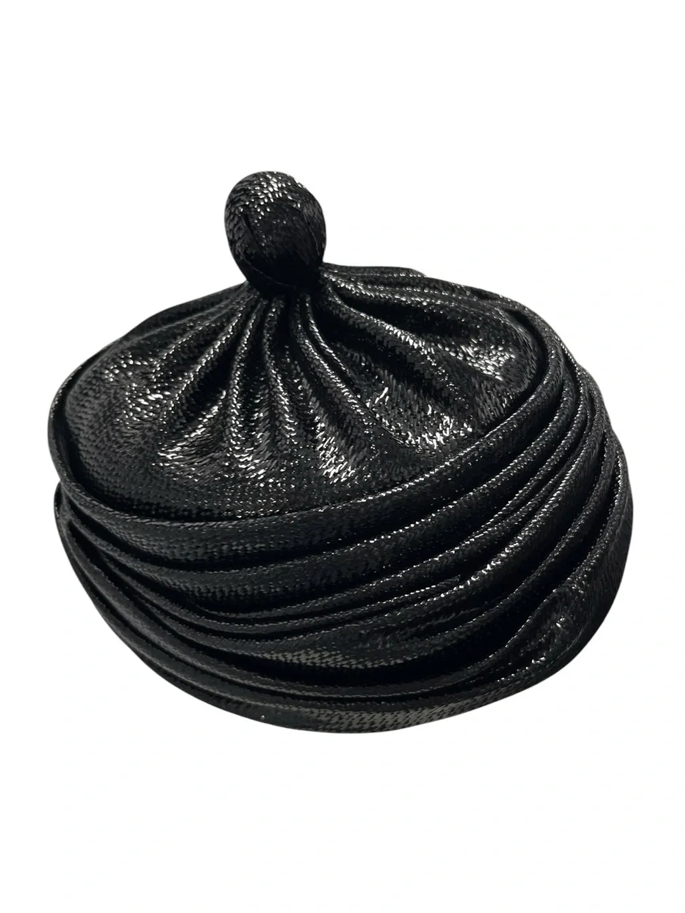 Vintage Black Patent Knit Pom-Pom Turban Hat
